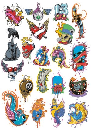 Edgy Tattoo Style Vector Collection with Skulls, Hearts, Birds, and Symbols Free Vector