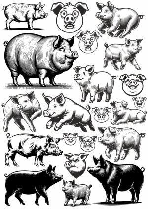 Vintage Black and White Pig Illustrations and Cartoon Faces Free Vector