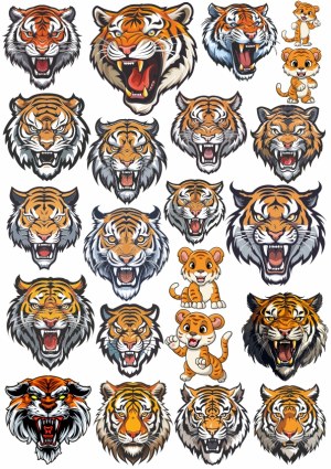 Collection of Roaring and Cartoon Tiger Head Vector Illustrations Free Vector