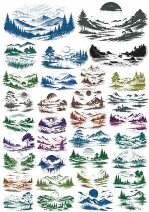 Set of 36 Vintage Style Vector Mountain and Forest Landscapes Free Vector