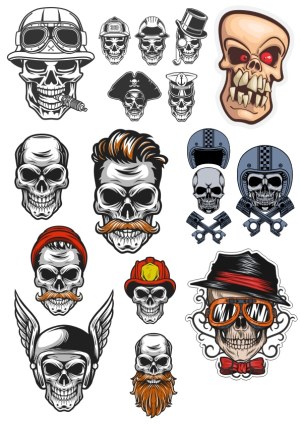 Collection of Various Skull Vector Illustrations with Unique Accessories Free Vector