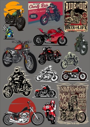 Collection of Vintage and Modern Motorcycle Illustrations and Rider Designs Free Vector