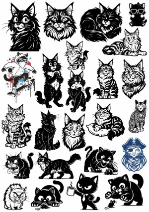 Collection of Black and White Stylized Cat Illustrations Free Vector