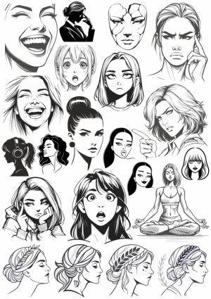 Black and White Female Portraits and Emotions Vector Illustrations Free Vector