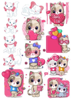 Cute Cartoon Cats with Hearts and Valentine's Day Elements Free Vector