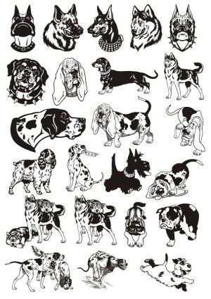 Detailed Black and White Vector Illustrations of Various Dog Breeds Free Vector