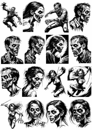 Black and White Zombie and Undead Horror Vector Illustrations Free Vector