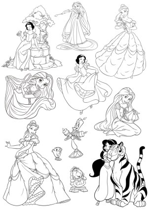 Black and White Princess and Fairy Tale Characters Coloring Page Free Vector