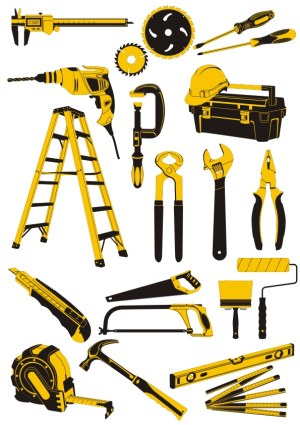 Set of Various Yellow and Black Construction and Carpentry Tools Vector Free Vector