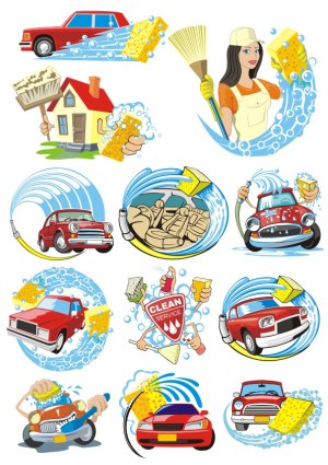 Car and House Cleaning Vector Icons with Sponge and Bubbles Free Vector