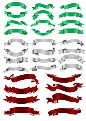 Set of Decorative Vector Banners and Ribbons in Green Silver and Red Free Vector