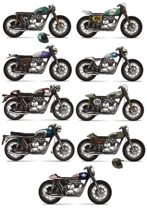 Set of Classic Vintage Motorcycles with Helmets Vector Illustrations Free Vector
