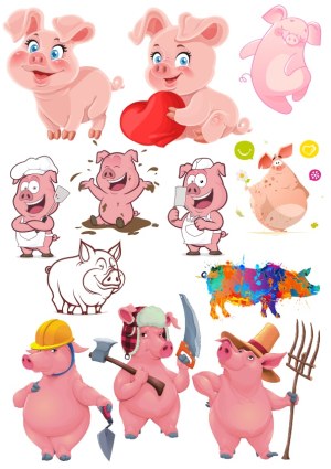 Collection of Cartoon Pig Characters with Various Expressions and Costumes Free Vector