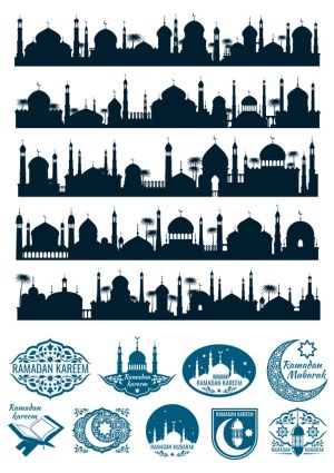 Islamic Mosque Silhouettes and Ramadan Kareem Decorative Elements Free Vector