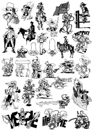 Black and White Western Cowboy Cartoon and Realistic Vector Illustrations Free Vector