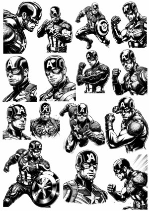 Collection of Black and White Captain America Comic Style Illustrations Free Vector