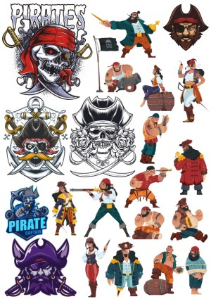 Assorted Pirate Clipart Collection Featuring Characters, Skulls, and Symbols Free Vector