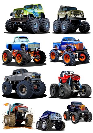 Set of Eight Colorful Monster Truck Vectors Free Vector