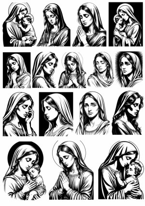 Black and White Religious Illustrations of Virgin Mary and Baby Jesus Free Vector