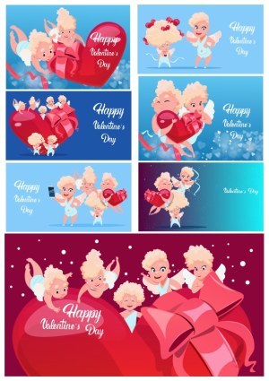 Valentines Day Cupids with Red Heart and Ribbon Vector Set Free Vector
