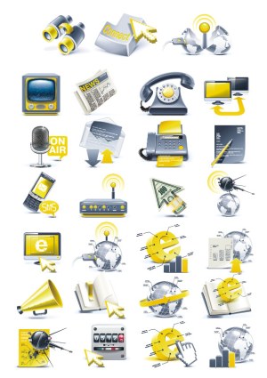 Communication and Media Icon Set with Technology and Finance Elements Free Vector