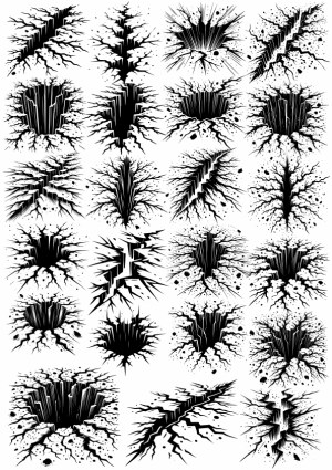 Set of Black and White Earthquake Cracks and Craters Vector Illustrations Free Vector