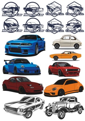Vector Collection of Classic Muscle Cars and Modern Sports Cars Free Vector