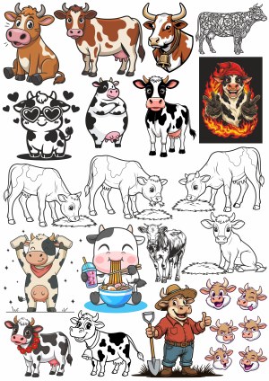 Collection of Cartoon and Line Art Cows with Farmer Character Free Vector