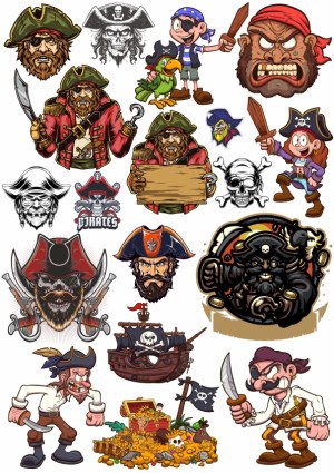 Collection of Pirate and Pirate-Themed Cartoon Vector Illustrations Free Vector