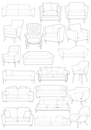 Outline Line Art of Various Sofa and Armchair Designs Free Vector