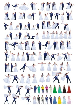 Collection of Wedding Couple Poses and Bridal Party Attire Vector Set Free Vector