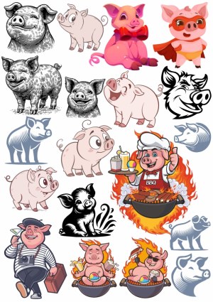 Collection of Cute and Stylized Pig Cartoon and Vintage Engraved Illustrations Free Vector