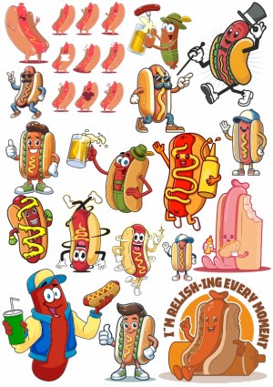 Cartoon Hot Dog Characters with Various Expressions and Poses Free Vector