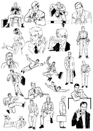 Vintage Businessman Line Art Vector Set with Various Poses and Expressions Free Vector