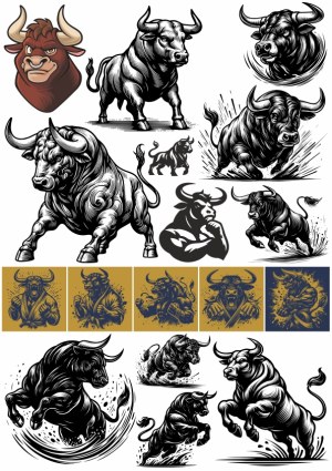 Collection of Aggressive and Stylized Bull Vector Illustrations Free Vector