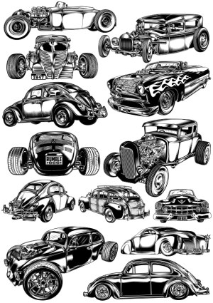 Black and White Classic Hot Rod and Vintage Car Vector Collection Free Vector