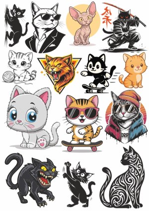 Collection of Diverse Cartoon Cat Illustrations and Designs Free Vector