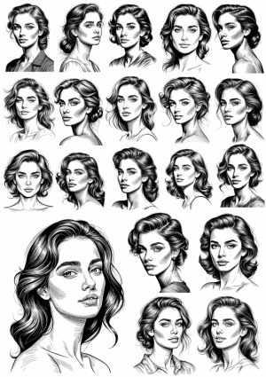 Collection of Black and White Stylized Female Portrait Sketches Free Vector