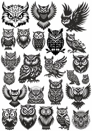 Collection of Black and White Stylized Owl Vector Illustrations Free Vector