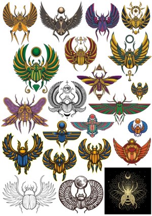 Vector Collection of Ornate Scarab Beetle Designs with Egyptian-Inspired Elements Free Vector
