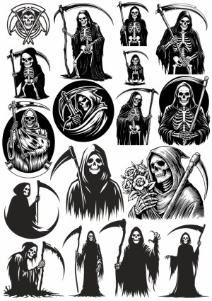 Grim Reaper Collection with Scythe and Skeleton Illustrations Free Vector