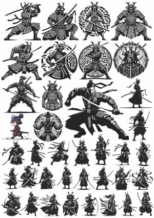Detailed Black and White Samurai Warrior Vector Illustrations Free Vector