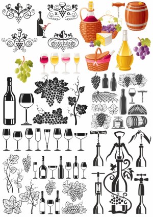 Wine and Grapes Collection Vector Icons Free Vector