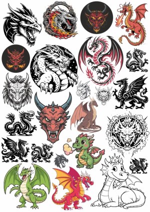 Collection of Various Dragon Illustrations and Designs Free Vector