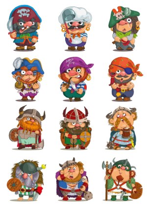 Set of Cartoon Pirates and Vikings Vector Characters Free Vector