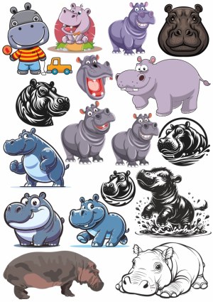 Collection of Hippo Cartoon and Stylized Vector Illustrations Free Vector