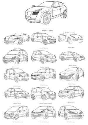 Vector Line Art of Various Renault Car Models Free Vector