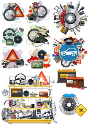 Automotive Parts and Road Safety Vector Collection Free Vector