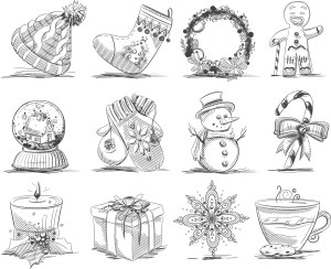 Hand-Drawn Black and White Christmas Icons Set Free Vector