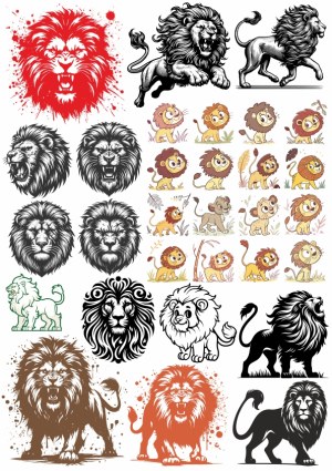Collection of Stylized Lion Vector Illustrations and Cartoon Lion Characters Free Vector